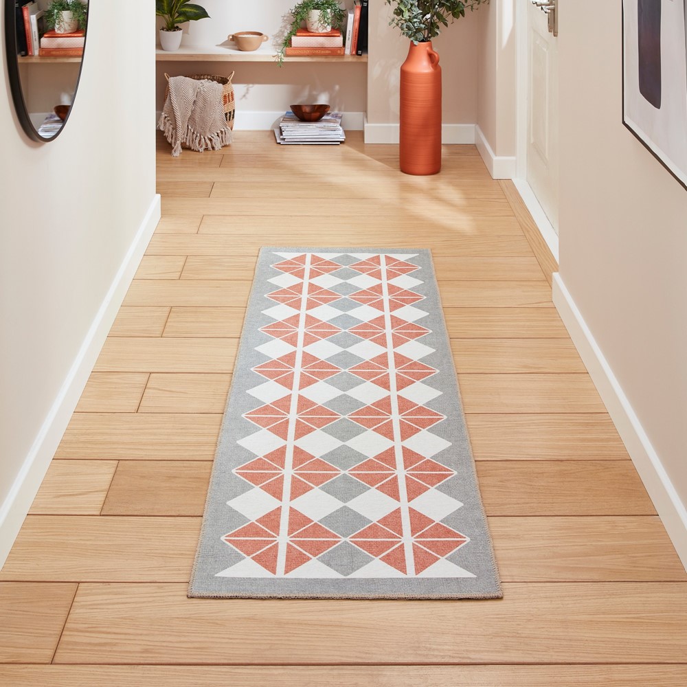 Victoria H1184 Modern Geometric Washable Runner Rugs in Grey Orange